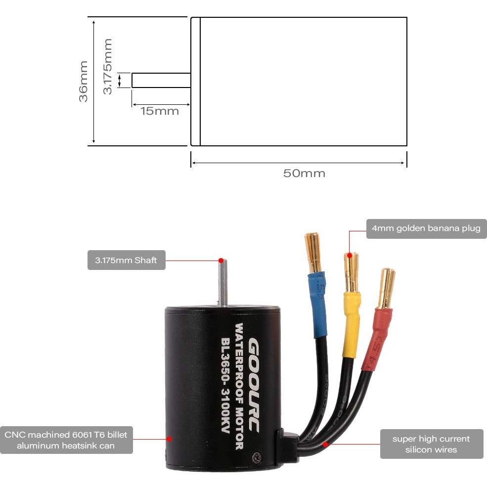 GoolRC Motor Brushless 3650 3100KV y ESC 60A para RC 1/10