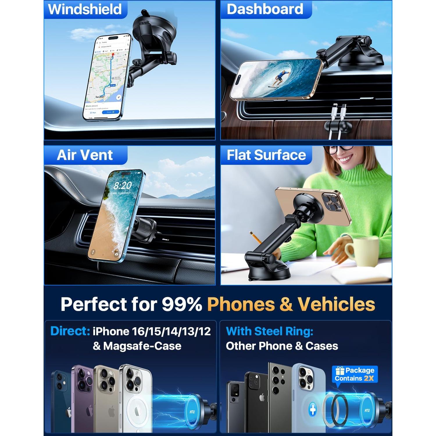 Soporte de Teléfono Magnético para Coche HTU - Negro, Ajustable