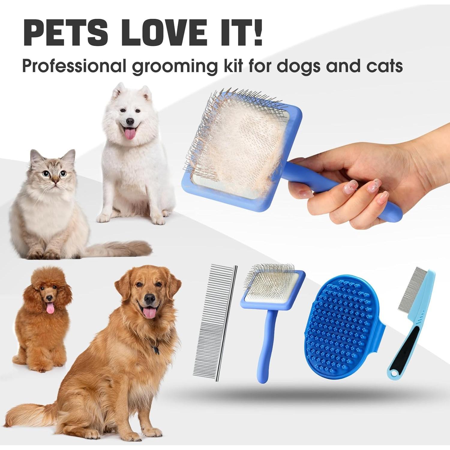 Kit de Aseo para Perros Bonteck 4PCS - Cepillo Slicker Azul