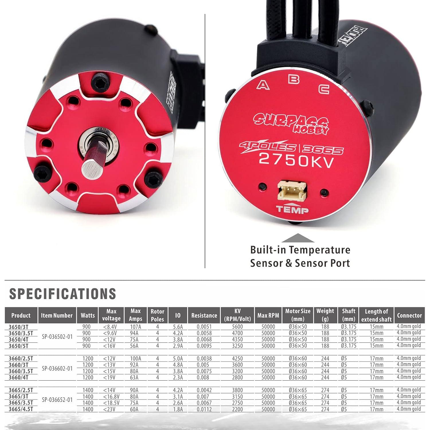Motor RC Brushless Surpass 3665 2750KV 4 Polos con Sensor