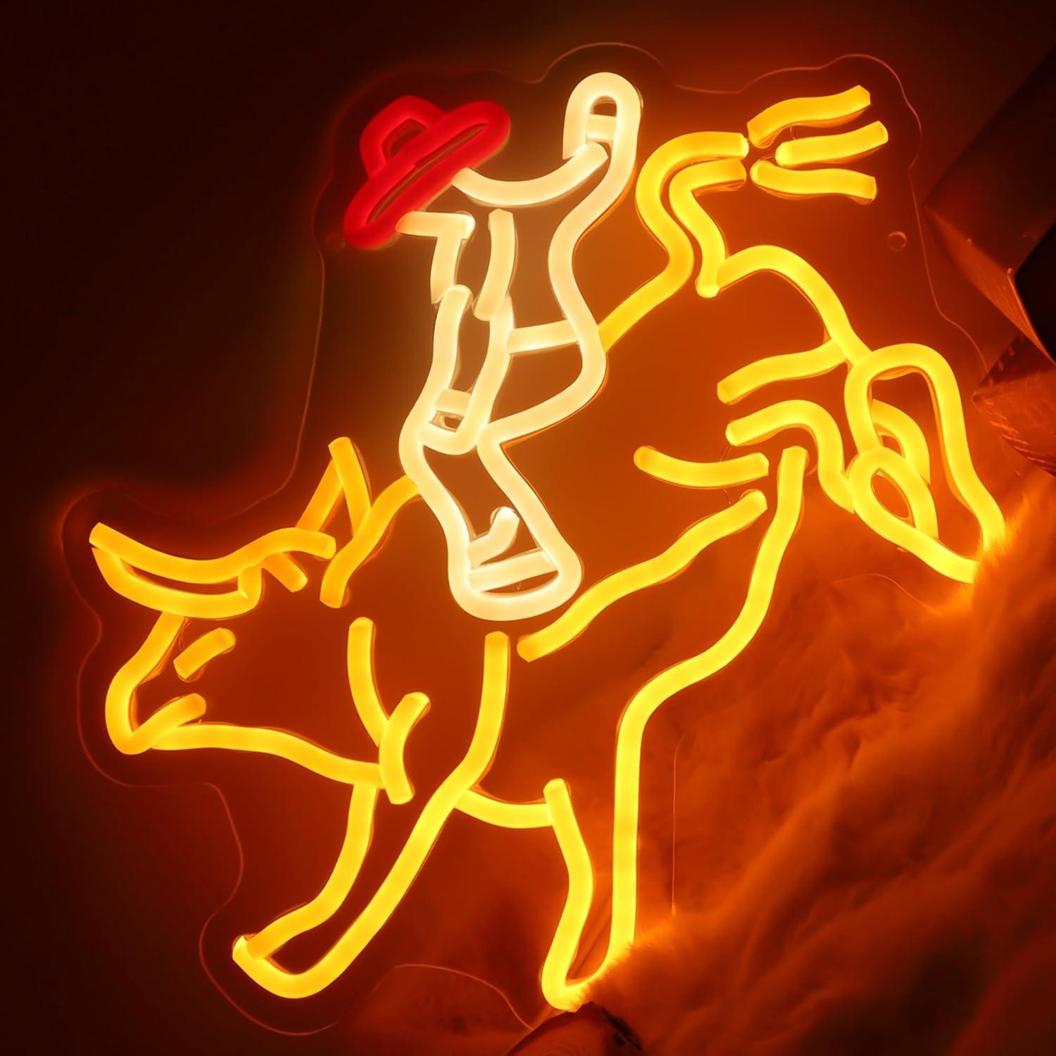 Cartel de Neón LED Vaquero Montando Toro 36.6x33cm