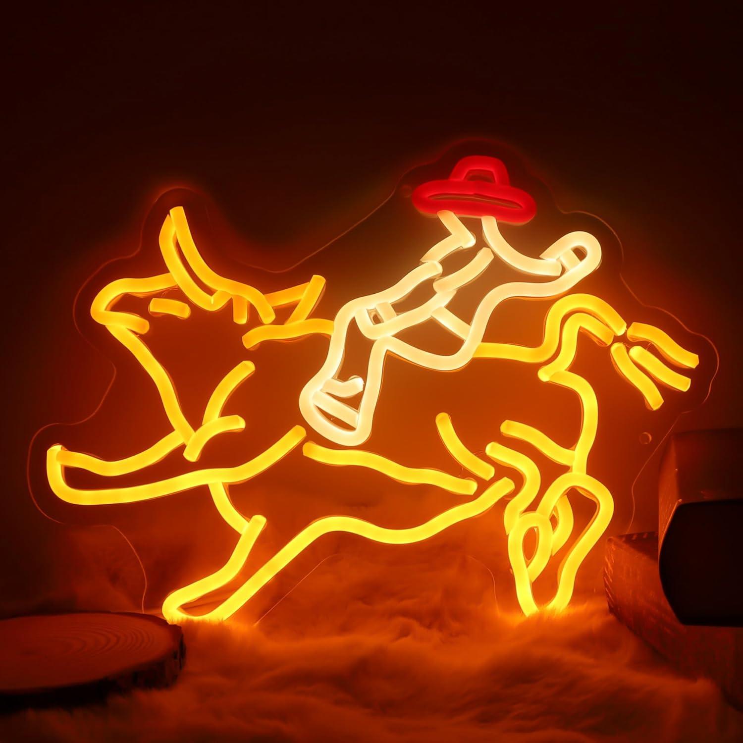 Cartel de Neón LED Vaquero Montando Toro 36.6x33cm