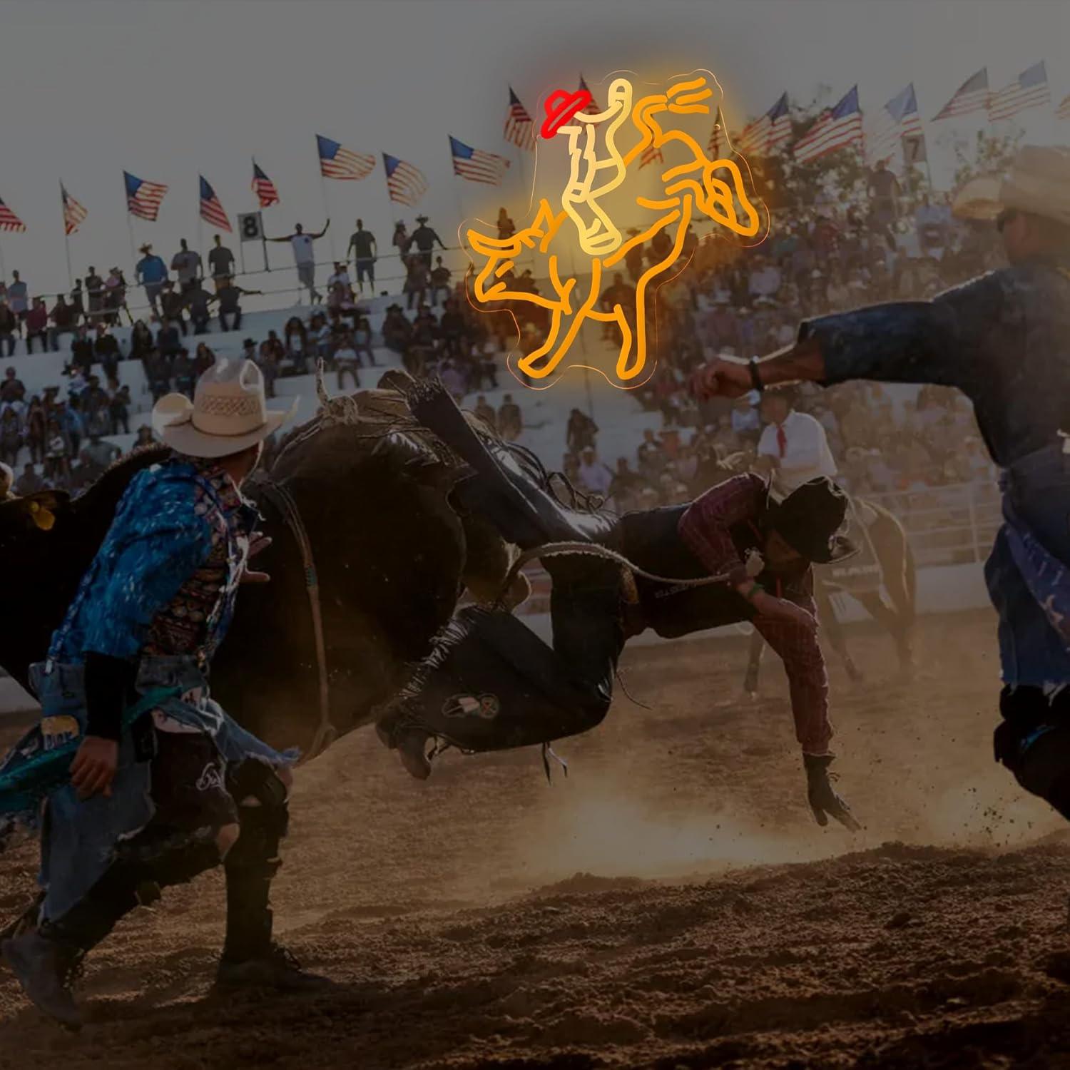 Cartel de Neón LED Vaquero Montando Toro 36.6x33cm