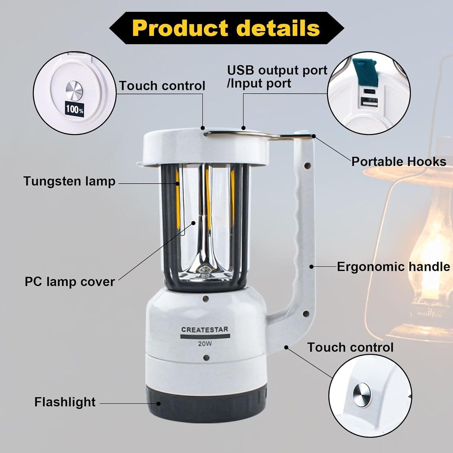 Linterna de Camping Recargable CREATESTAR 4000mAh 20W 4 Modos