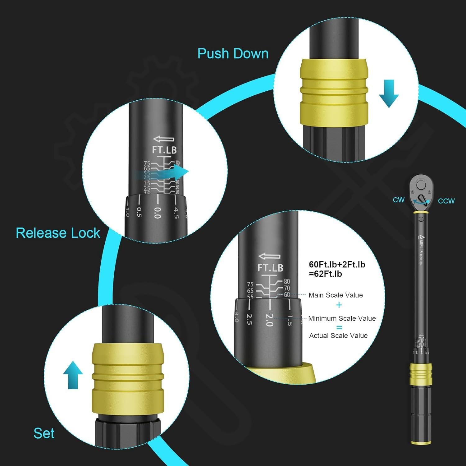 Llave de Torque ANPUDS 3/8" 10-80 Nm Doble Dirección 72 Dientes