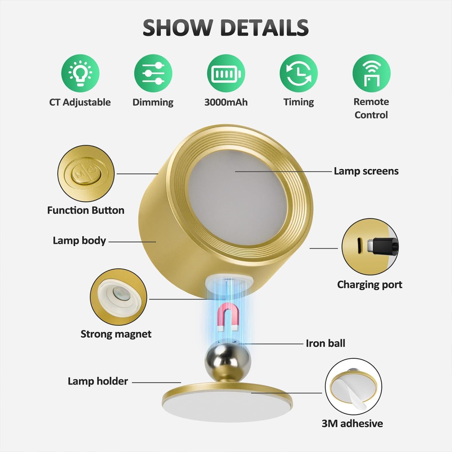 Lámpara de Pared LED Racokky 3 Temperaturas 3000mAh 3 Pcs