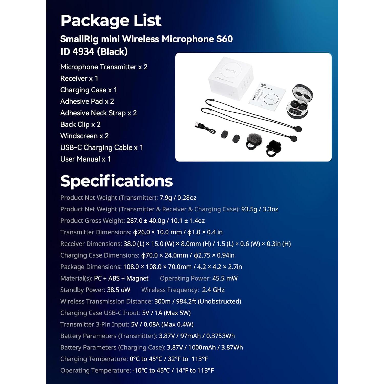 Micrófono Lavalier Inalámbrico SmallRig S60 USB-C 44H Batería