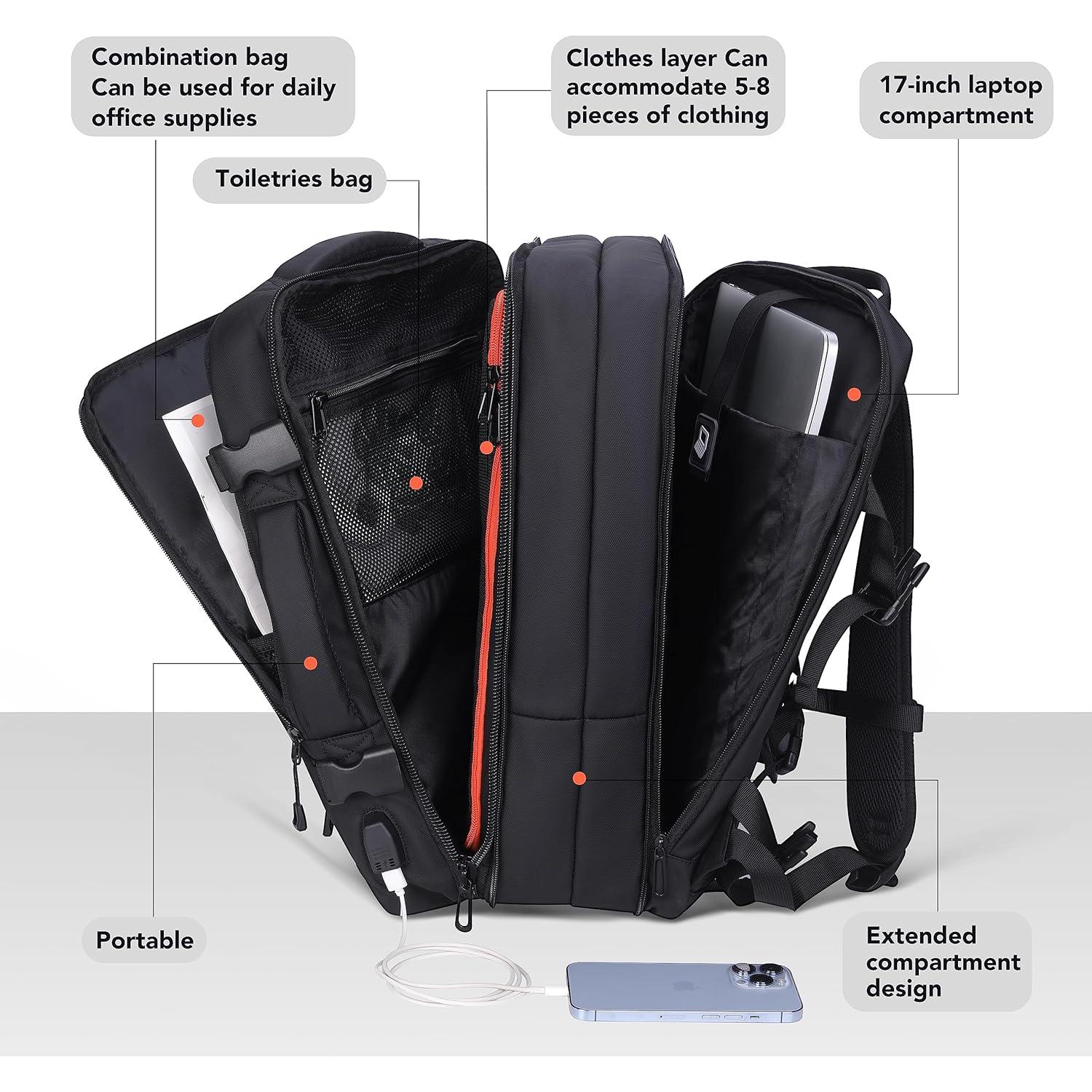 Mochila de viaje expandible 40L con puerto USB para laptop 17"