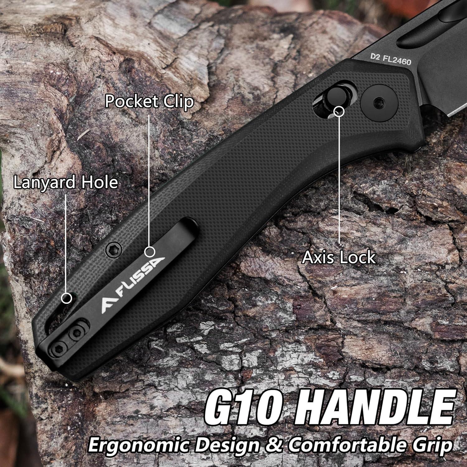 Cuchillo Plegable FLISSA EDC Acero D2 8.9 cm Mango G10 Negro