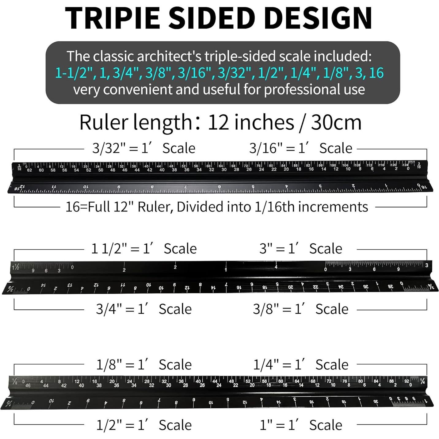 Regla Triangular Arquitectónica Rena Chris 30.48 cm Aluminio Negro