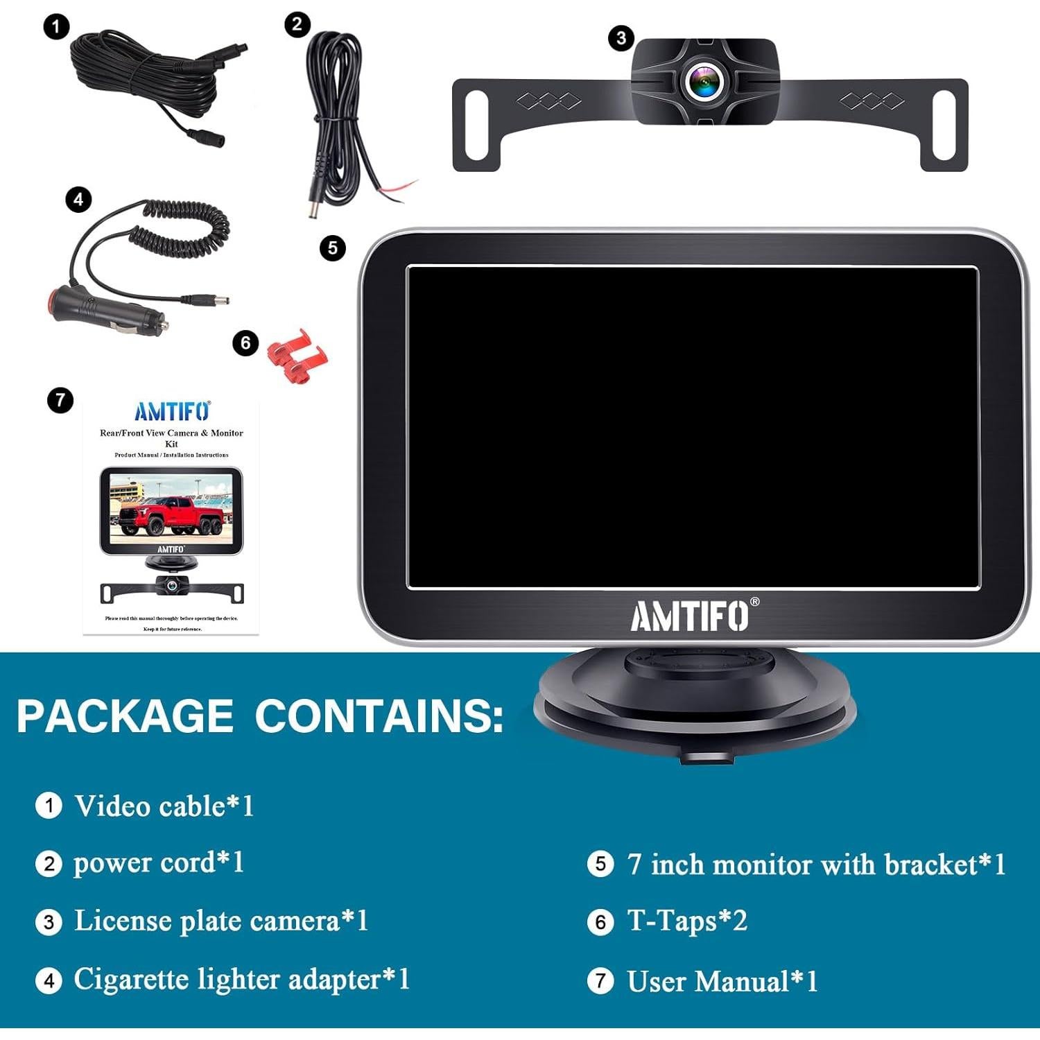 Cámara de Respaldo AMTIFO A23 2K 7" Monitor USB Fácil Instalación