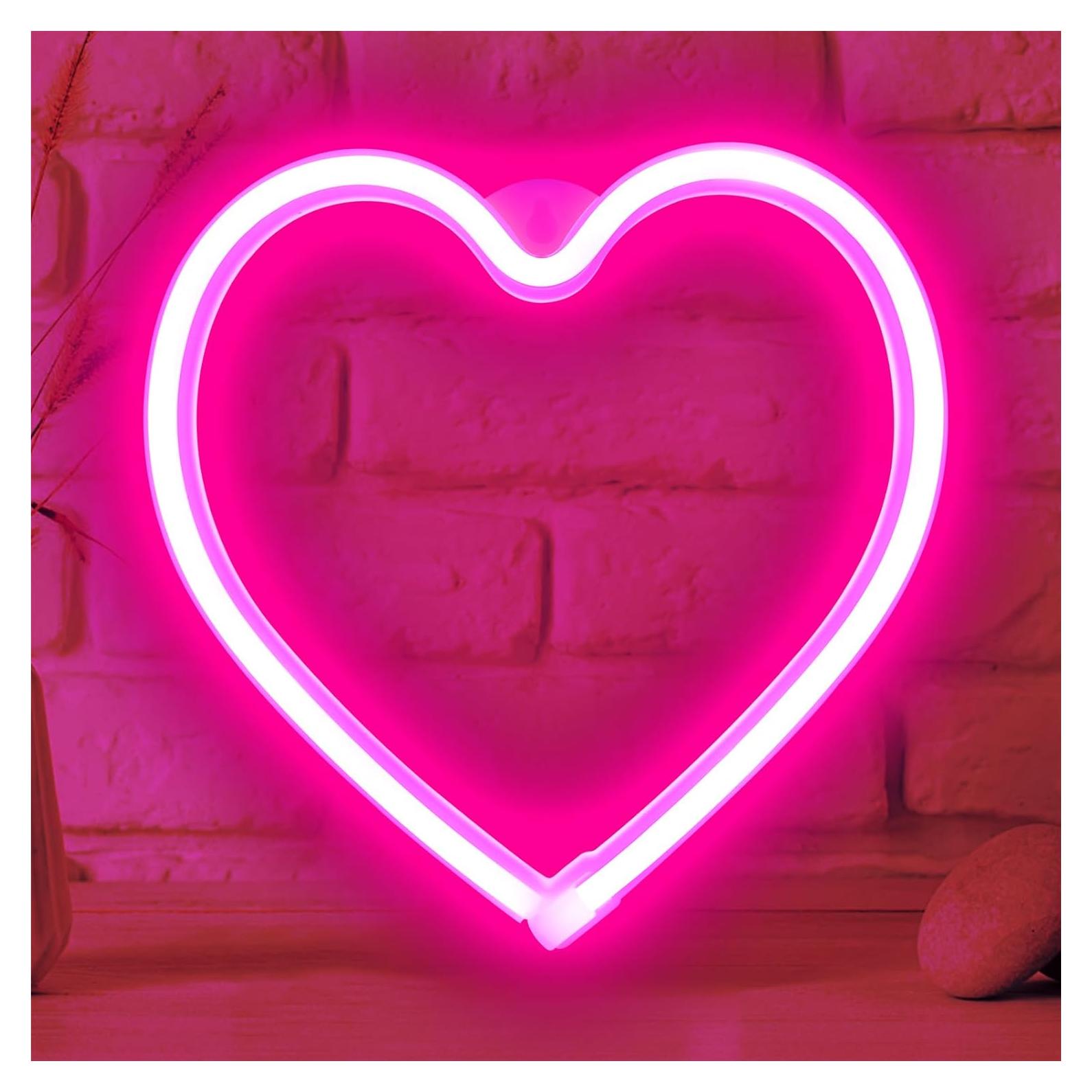 Neon Heart Light Sign Decor for Valentine's Day, USB/Batteries Powered LED Heart Sign for Bedroom, Romantic Wall Art Love Decoration for Girls Room,Wedding,Anniversary, Birthday Party Favor (Pink)