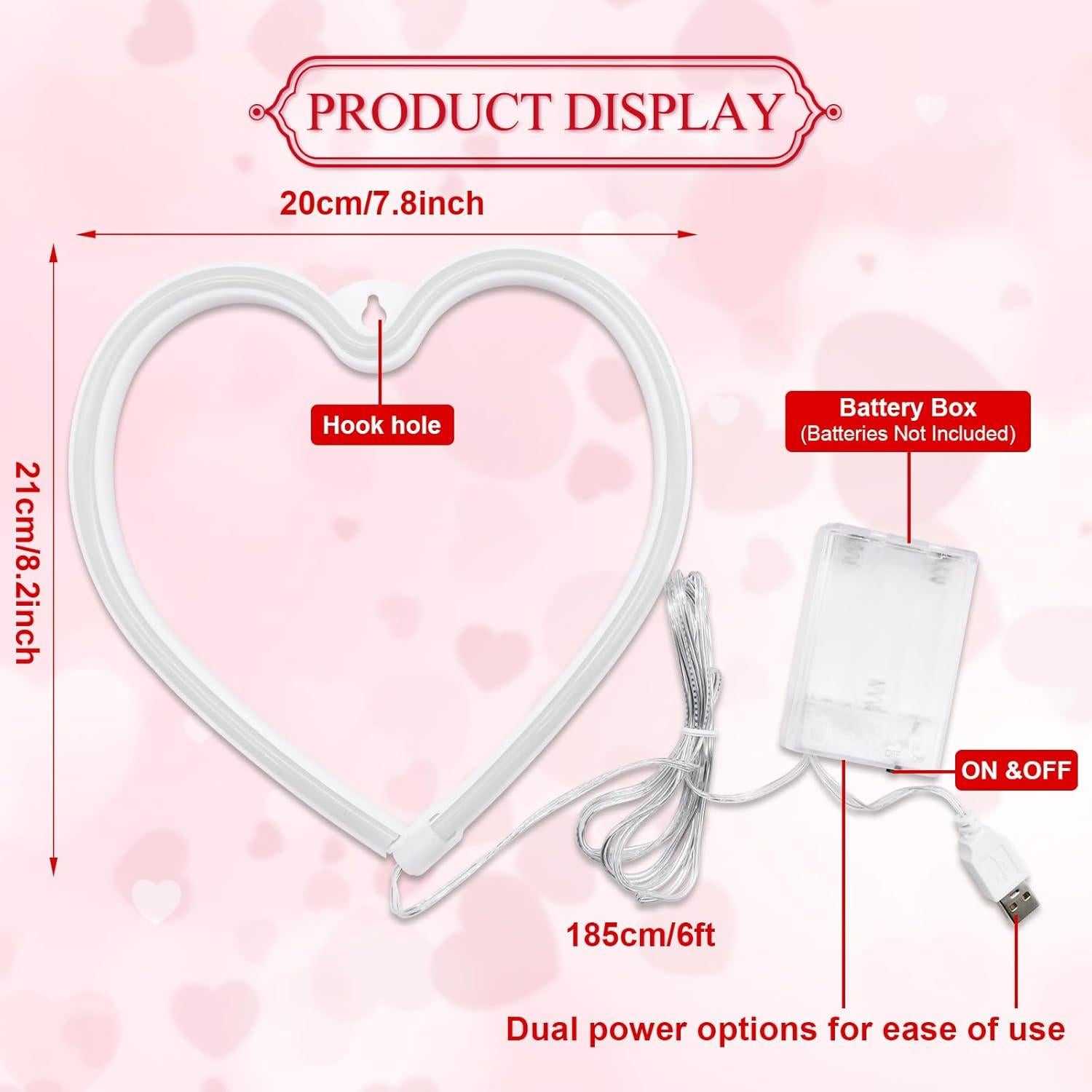 Neon Heart Light Sign Decor for Valentine's Day, USB/Batteries Powered LED Heart Sign for Bedroom, Romantic Wall Art Love Decoration for Girls Room,Wedding,Anniversary, Birthday Party Favor (Pink)