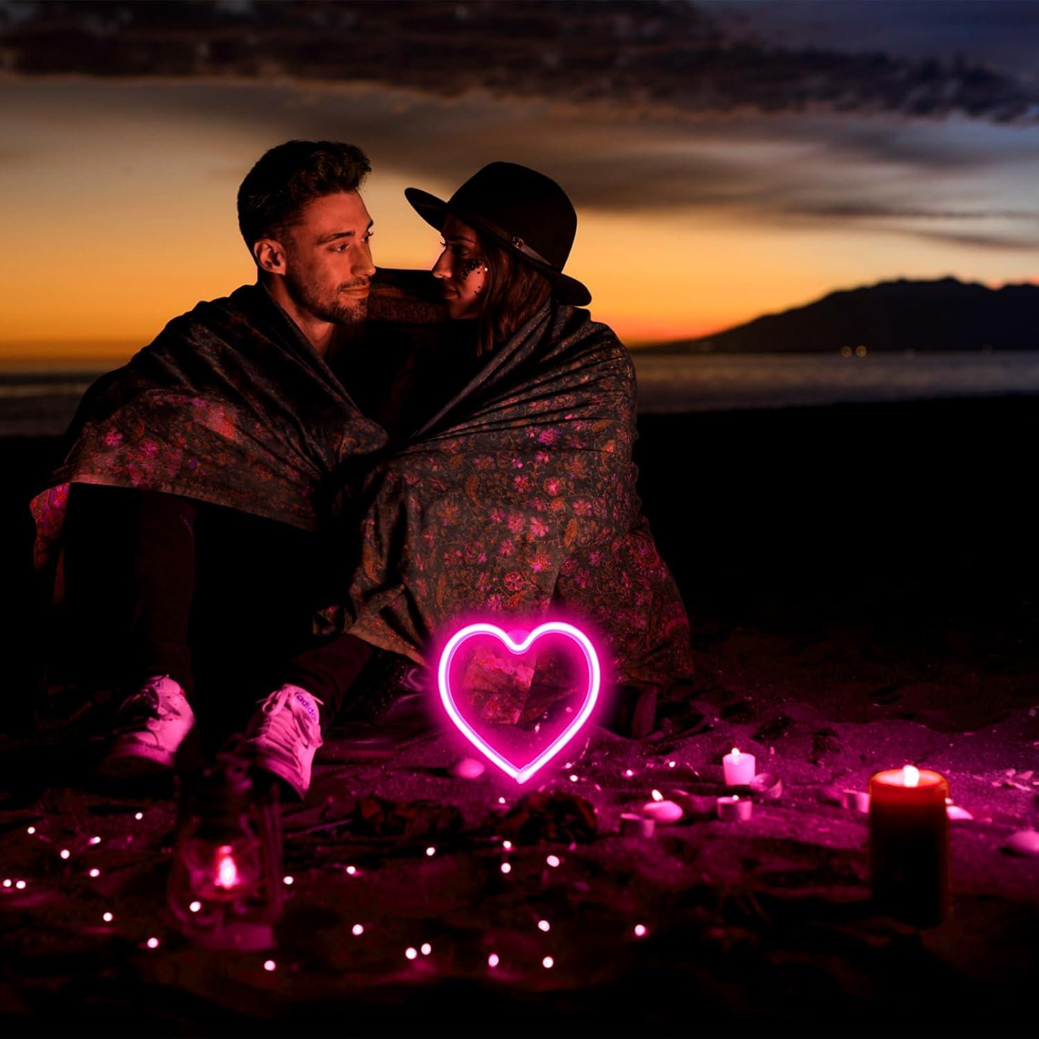 Neon Heart Light Sign Decor for Valentine's Day, USB/Batteries Powered LED Heart Sign for Bedroom, Romantic Wall Art Love Decoration for Girls Room,Wedding,Anniversary, Birthday Party Favor (Pink)