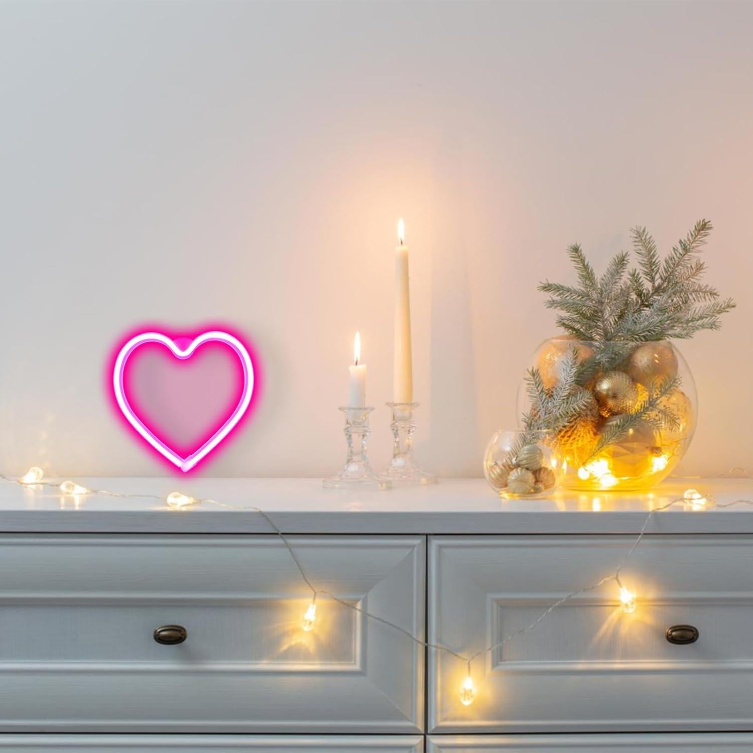 Neon Heart Light Sign Decor for Valentine's Day, USB/Batteries Powered LED Heart Sign for Bedroom, Romantic Wall Art Love Decoration for Girls Room,Wedding,Anniversary, Birthday Party Favor (Pink)