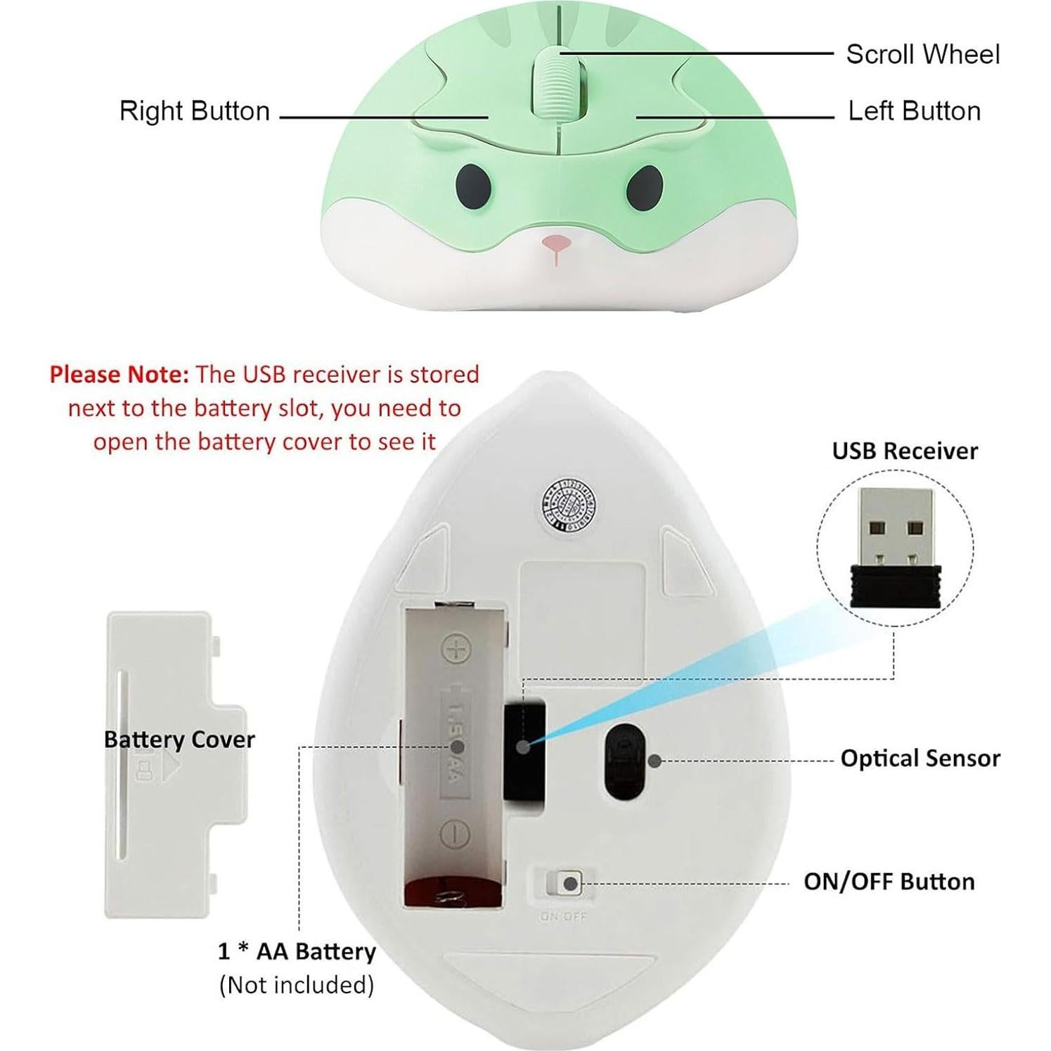 Ratón Inalámbrico CHUYI en Forma de Hámster Verde 1200DPI