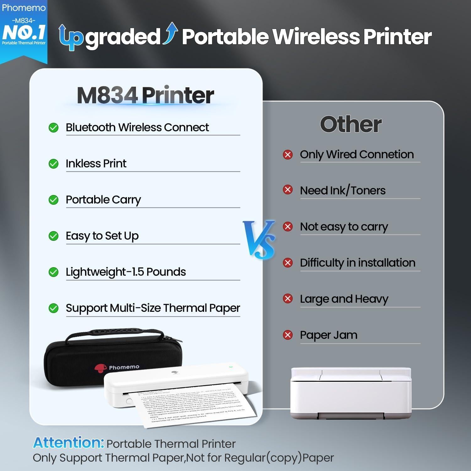 Impresora Térmica Portátil Phomemo M834 Bluetooth A4 Blanca