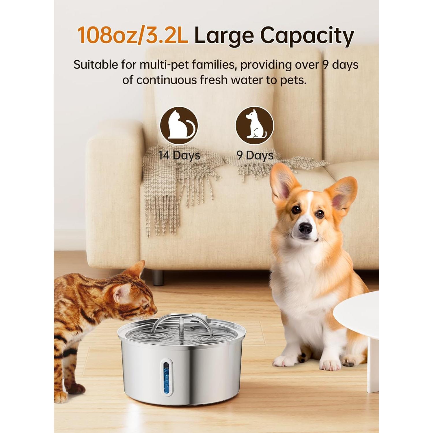 Fuente de Agua para Gatos Acero Inoxidable 3.2L Doble Flujo