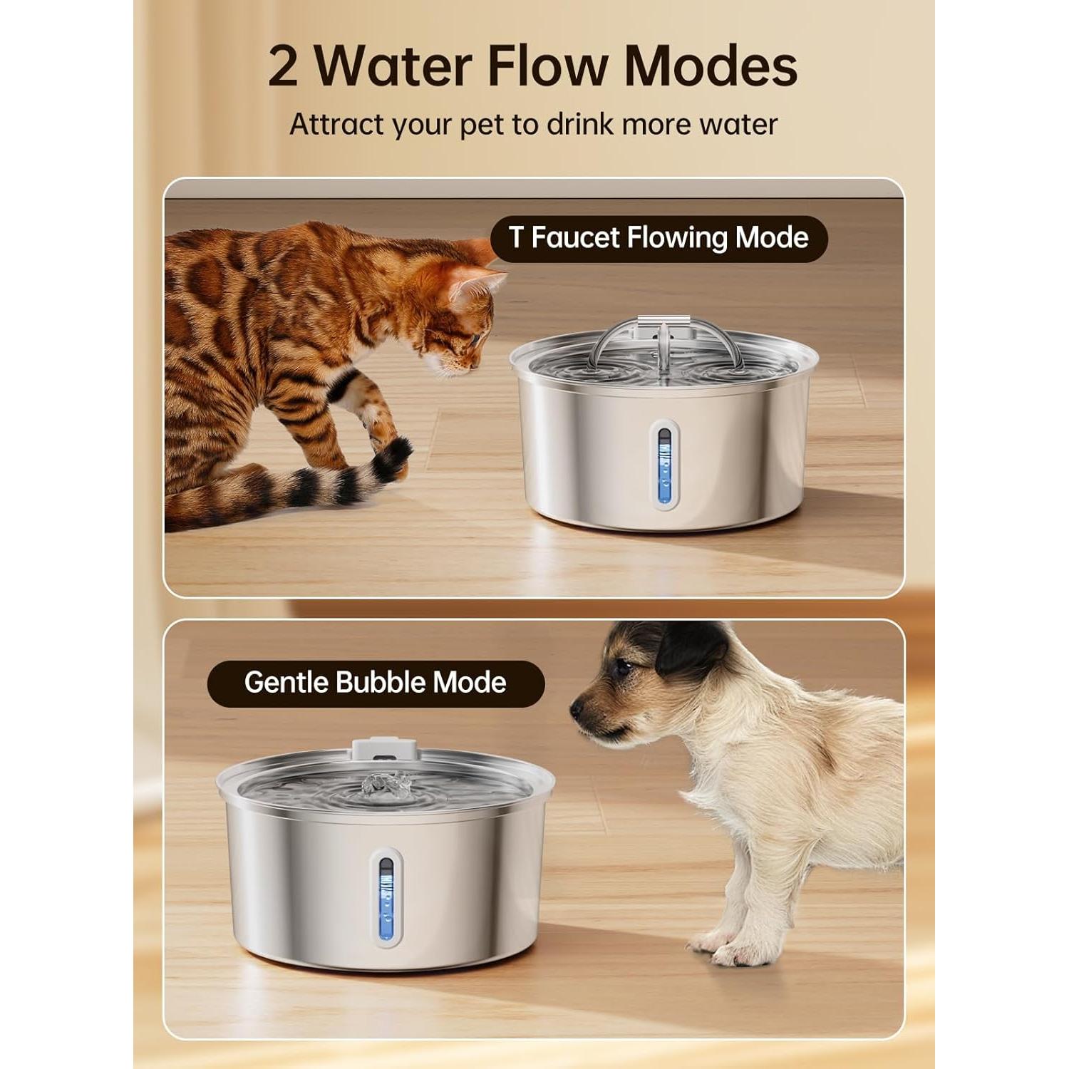 Fuente de Agua para Gatos Acero Inoxidable 3.2L Doble Flujo