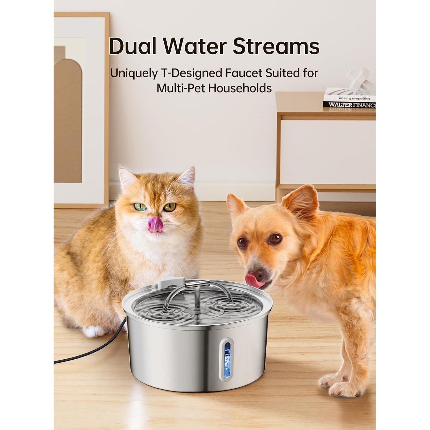 Fuente de Agua para Gatos Acero Inoxidable 3.2L Doble Flujo