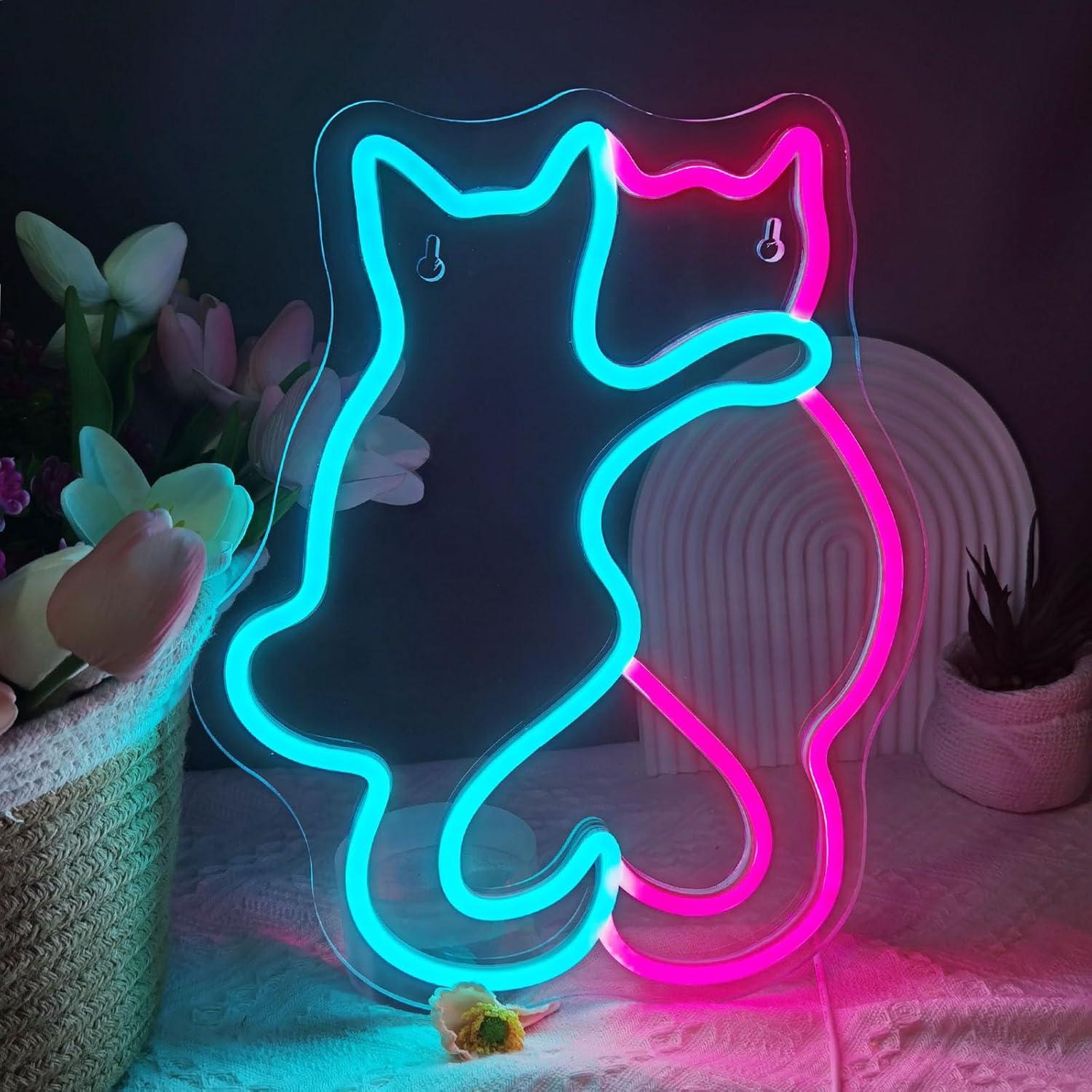 Cartel de Neón LED Gato Rosa y Azul 35x27cm BK-Neon Life