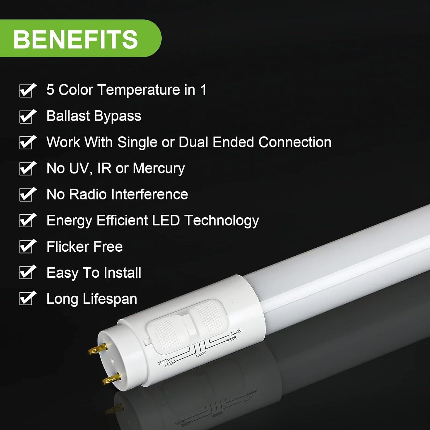 Tubo LED T8 4FT Hykolity 20 Paquete 18W 5CCT Seleccionable