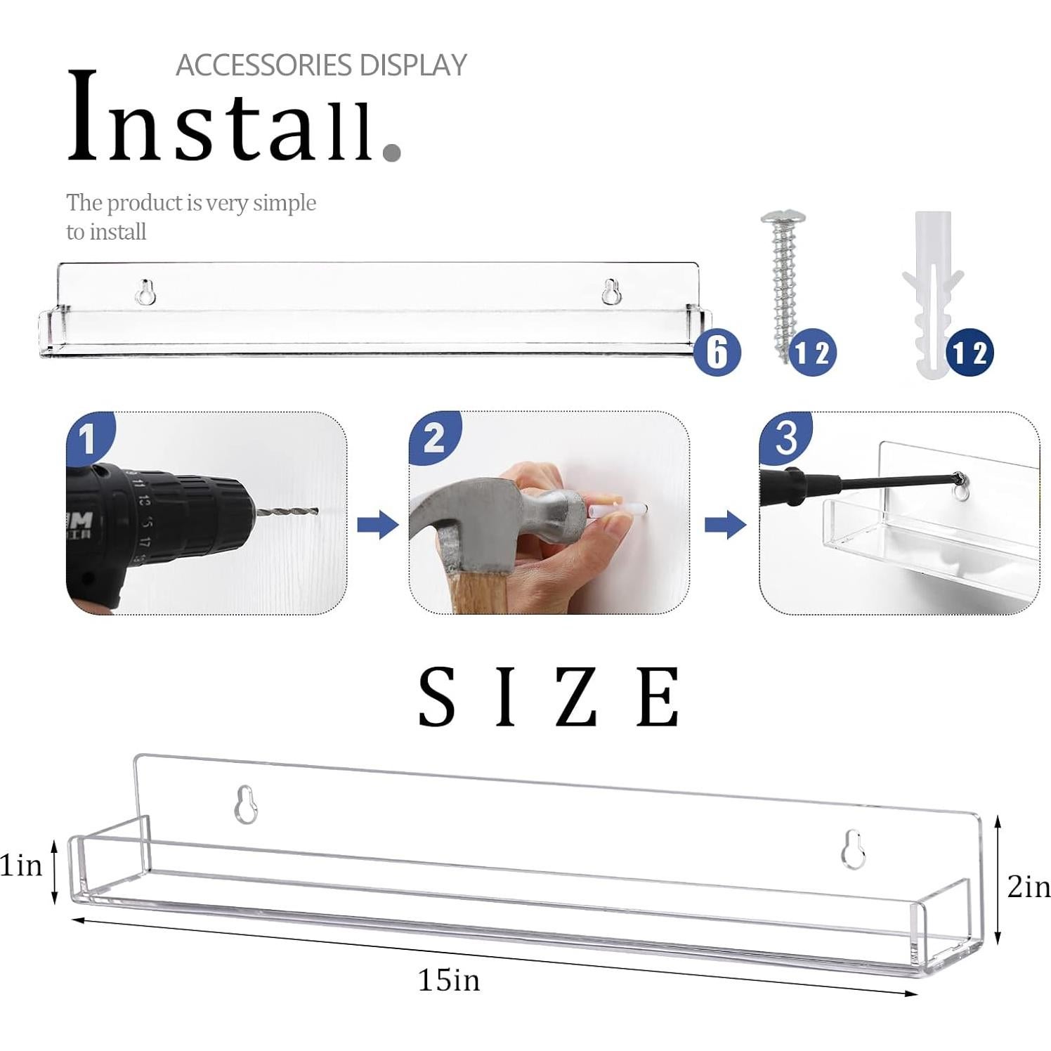Estante Acrílico Montado en Pared Justsoso 6 Piezas 15"