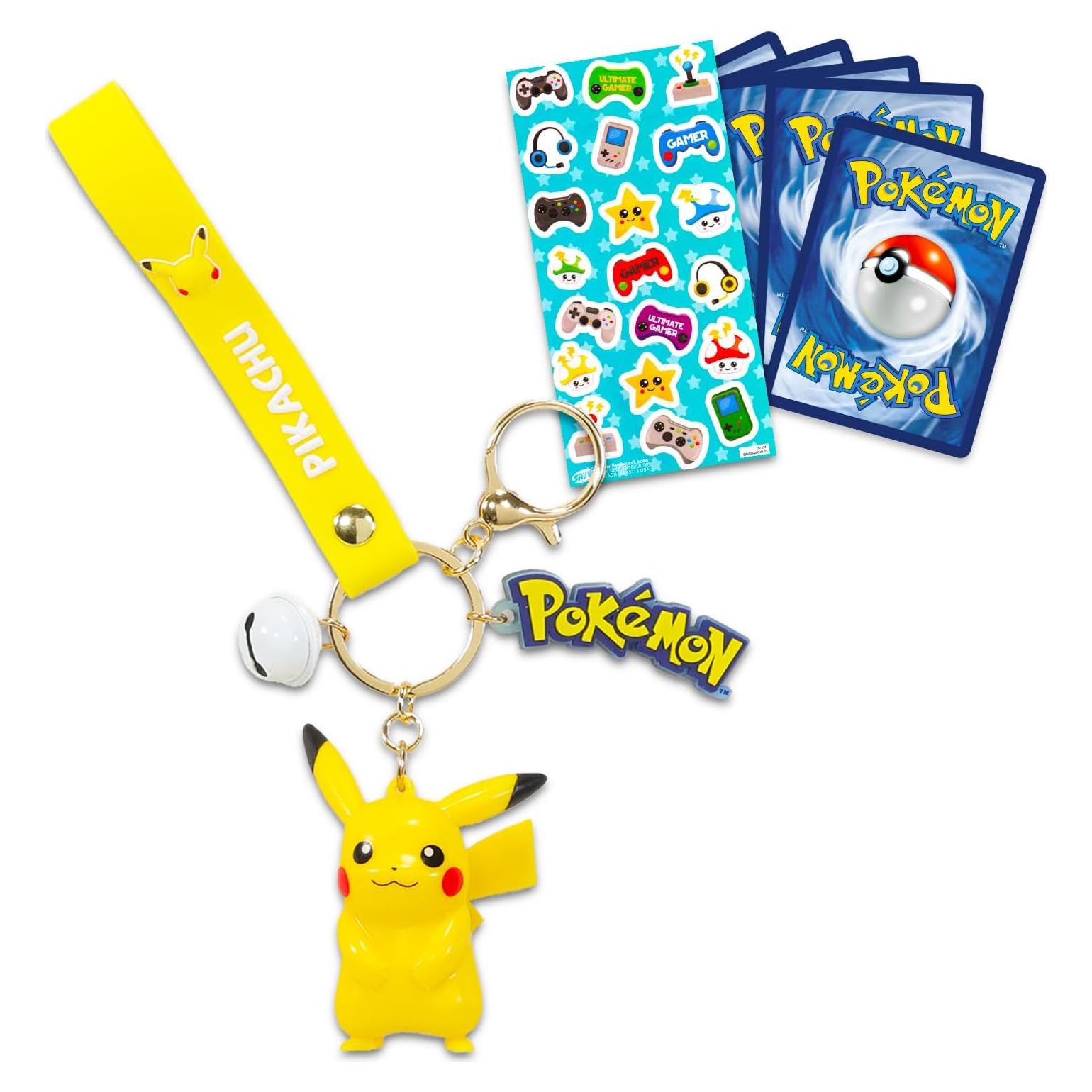 Pikachu Keychain Bundle ~ Deluxe Silicone 3D Character Figure Pokemon Keyring with Strap, Charm, and Bell Plus Pokemon Cards, More | Pokemon Pikachu Key Ring for Backpack