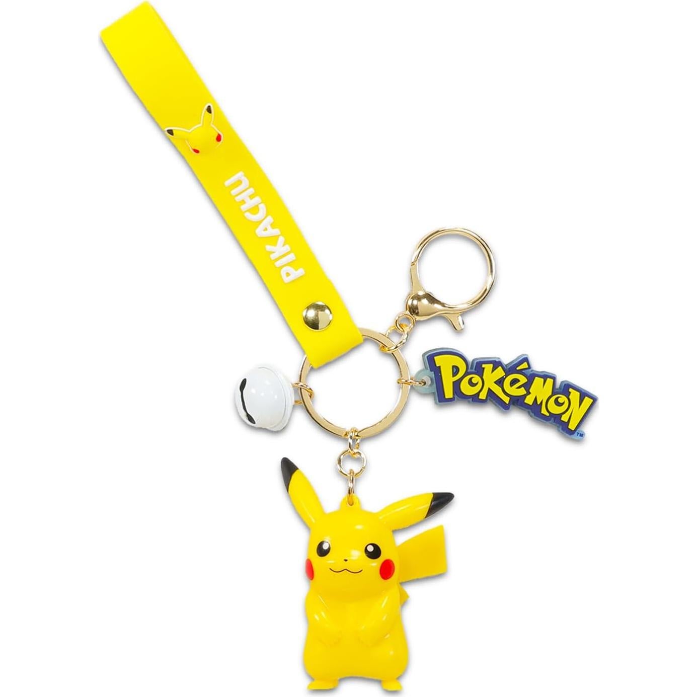 Pikachu Keychain Bundle ~ Deluxe Silicone 3D Character Figure Pokemon Keyring with Strap, Charm, and Bell Plus Pokemon Cards, More | Pokemon Pikachu Key Ring for Backpack