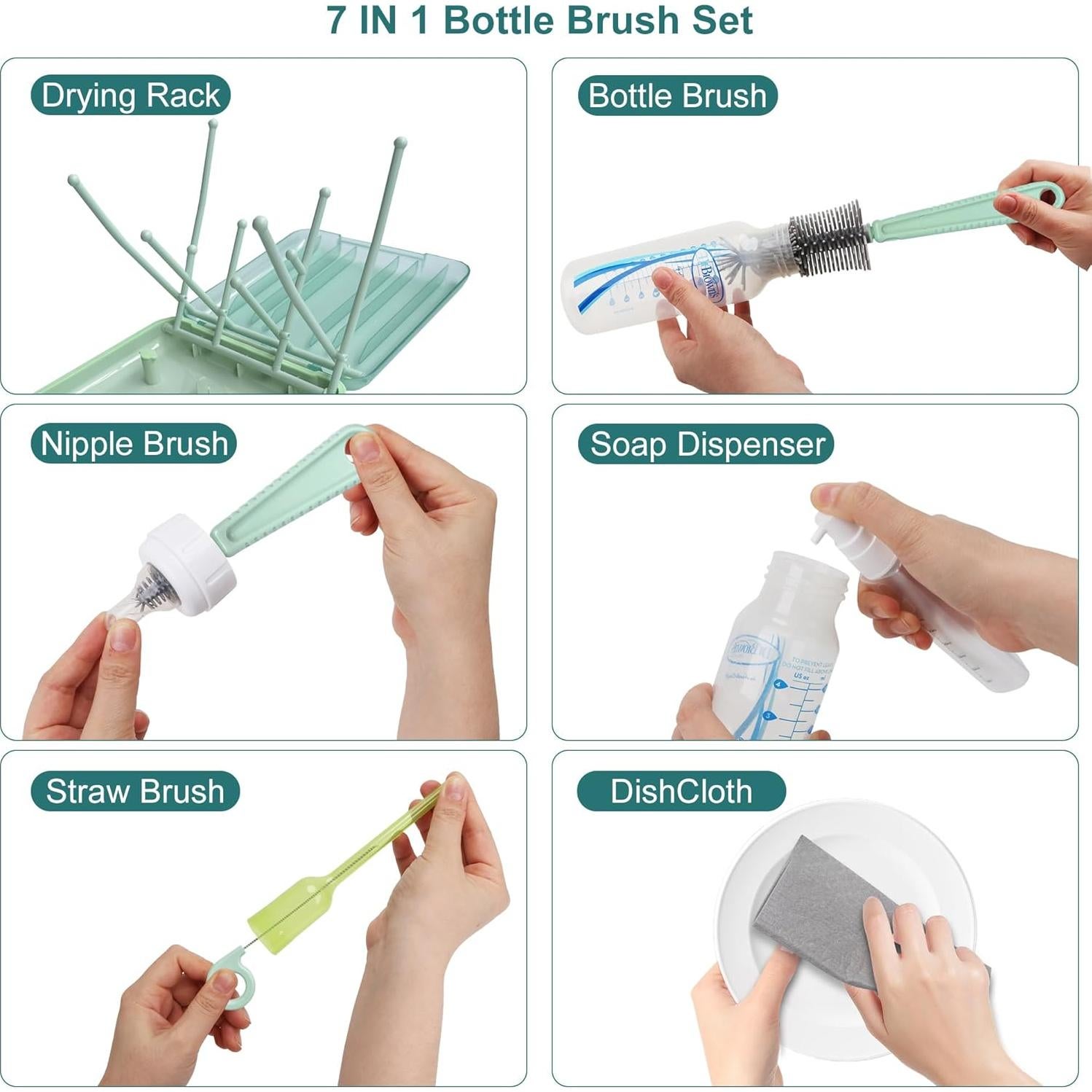 Kit de Limpieza de Botellas para Bebés Snonerion 7 en 1 Verde