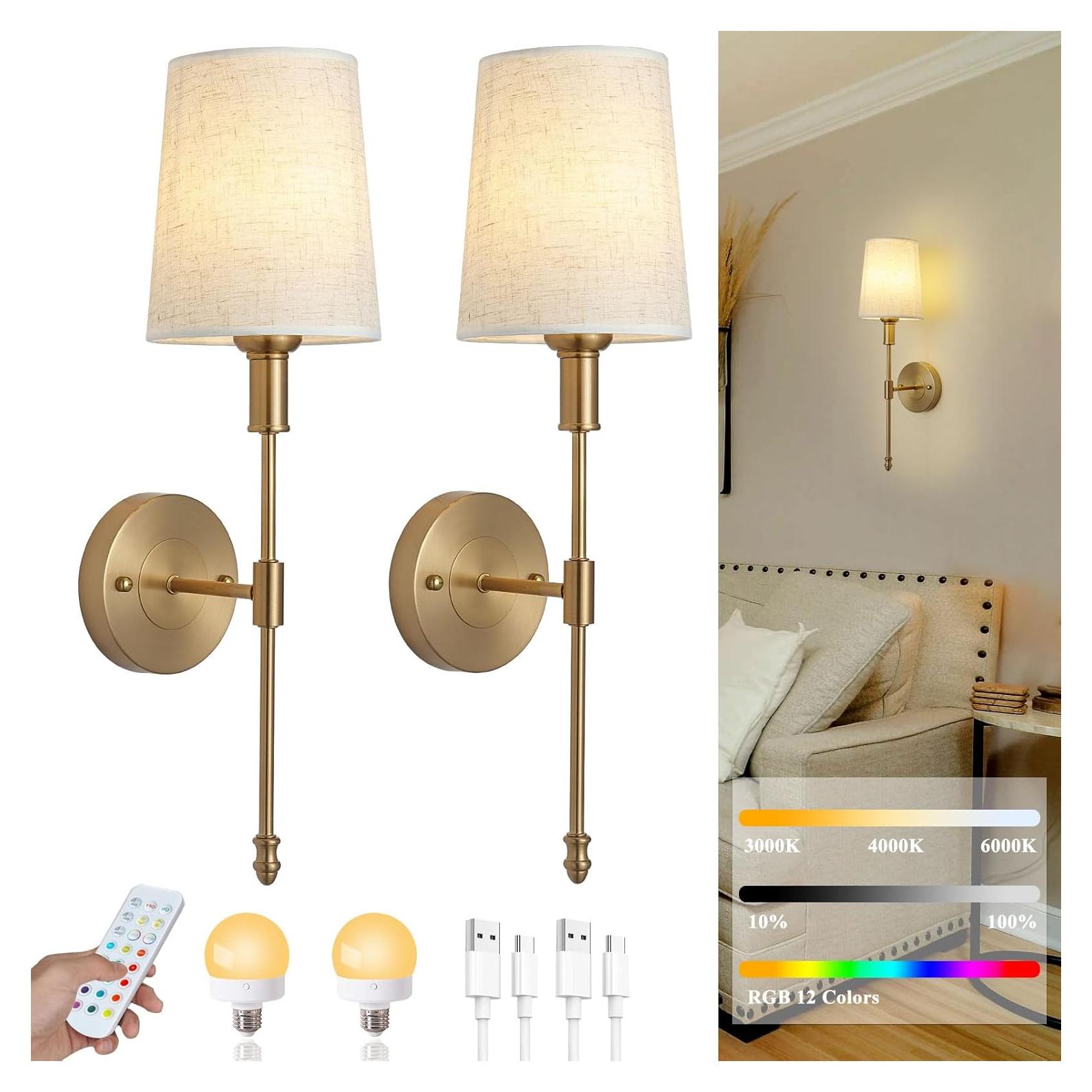 Juego de Apliques de Pared LED HOTRAN, 2 Unidades, Dorado, Inalámbrico