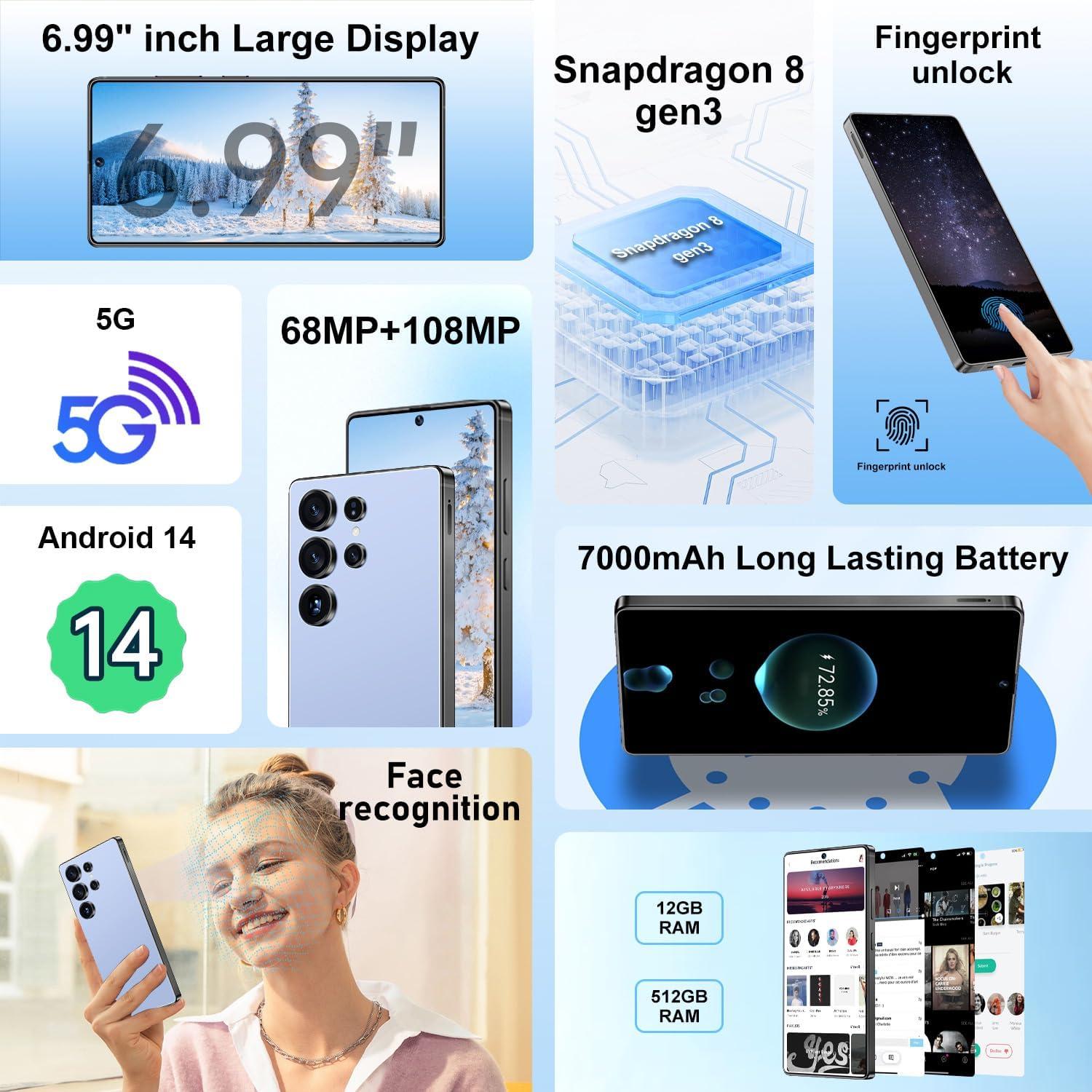 I25 Ultra Teléfono Android PYUNZGO 12GB RAM 512GB Azul Titanio