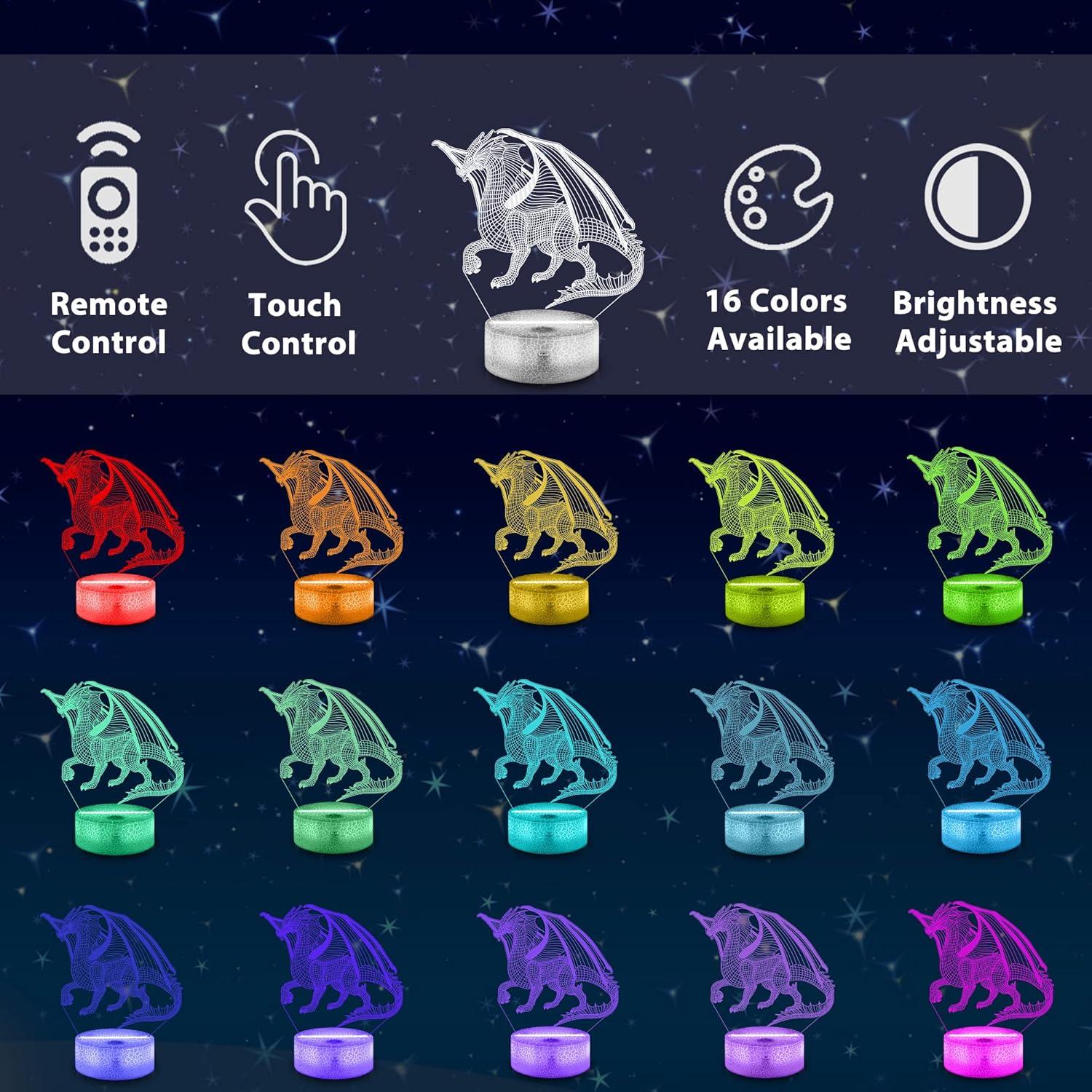 Lampeez Lámpara 3D Dragón Luz Nocturna 16 Colores Control Remoto