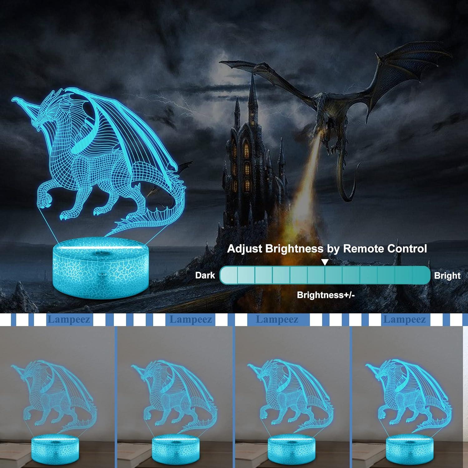 Lampeez Lámpara 3D Dragón Luz Nocturna 16 Colores Control Remoto