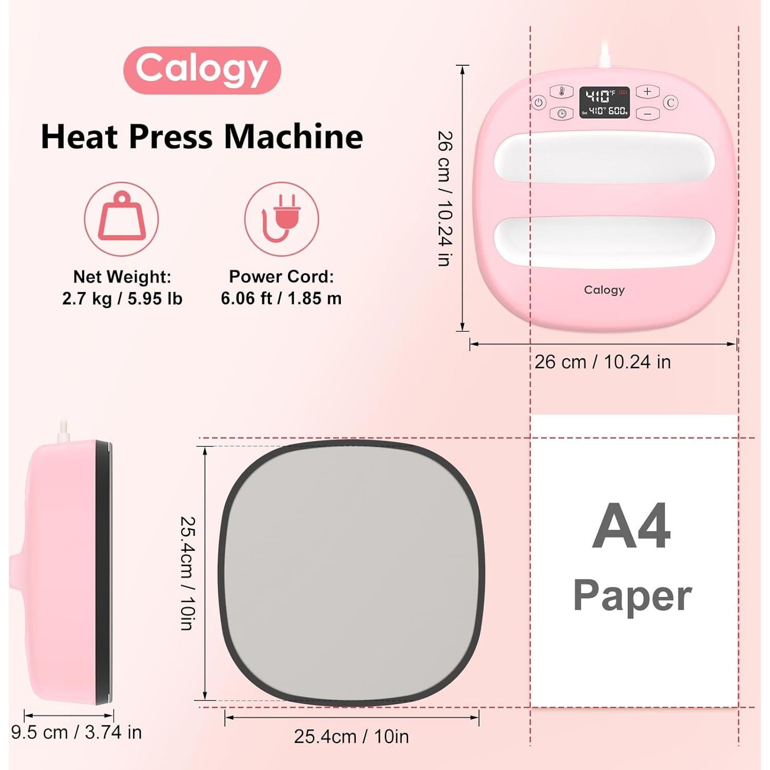 Prensa de Calor Calogy 10x10" Rosa para Camisetas 210°C
