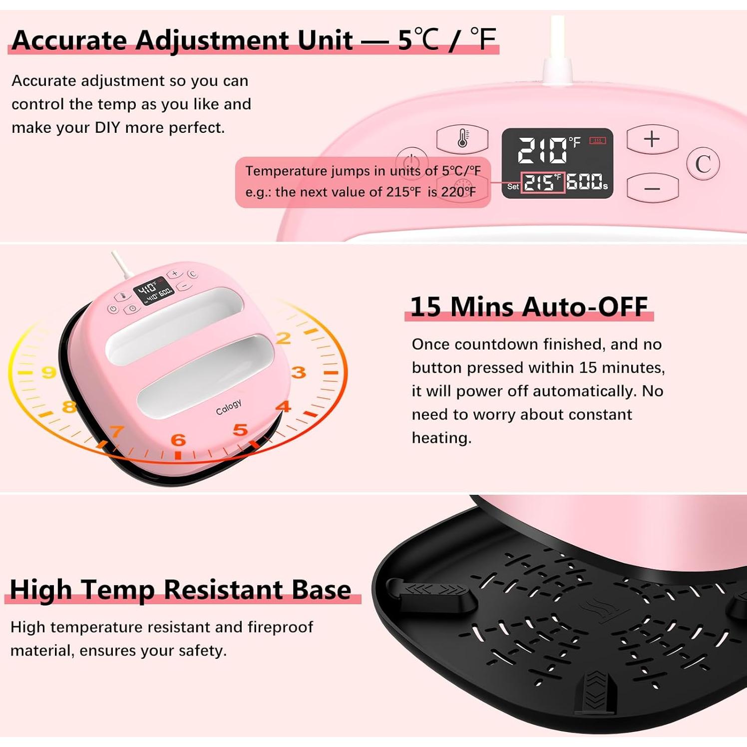 Prensa de Calor Calogy 10x10" Rosa para Camisetas 210°C