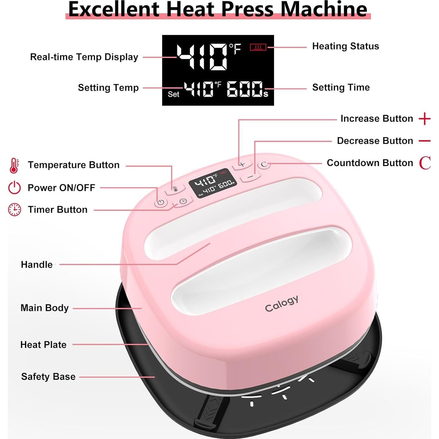 Prensa de Calor Calogy 10x10" Rosa para Camisetas 210°C