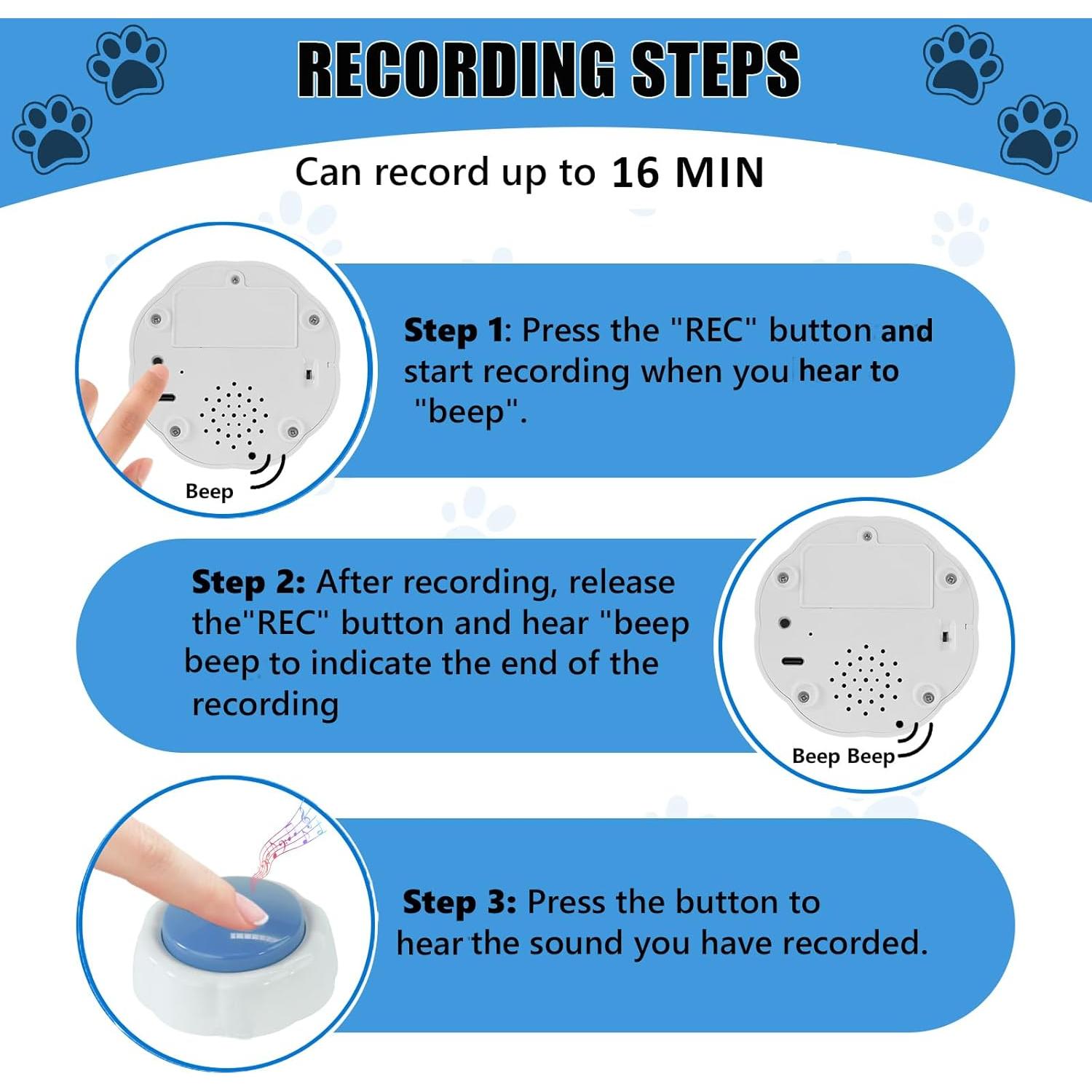 Botón de Grabación de Voz XLW 16 Min Azul para Mascotas