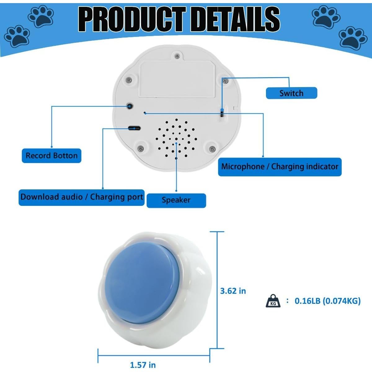 Botón de Grabación de Voz XLW 16 Min Azul para Mascotas