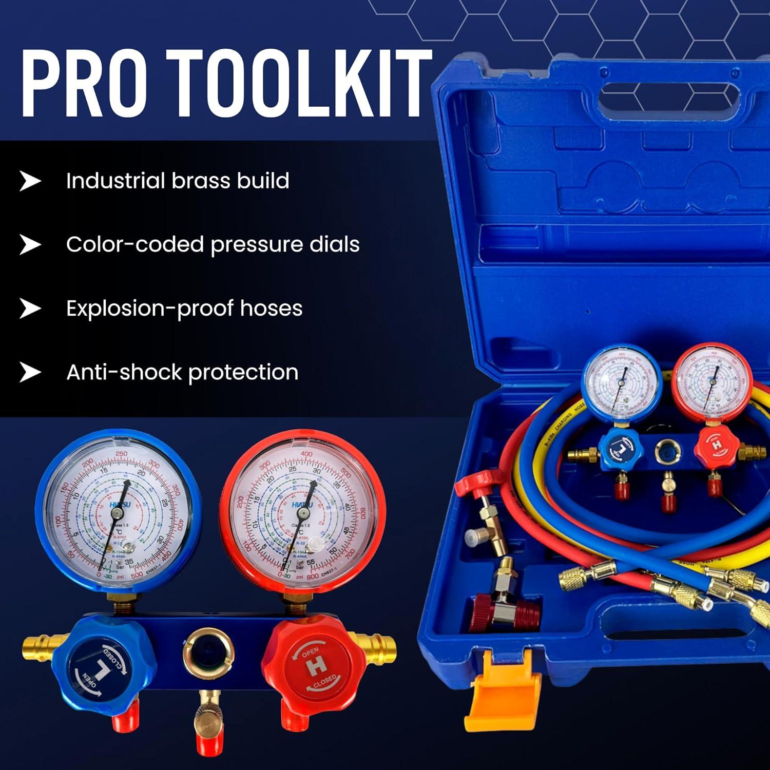 Juego de Manómetros de AC Hiatsu con Kit de Recarga R134a R32 R410a