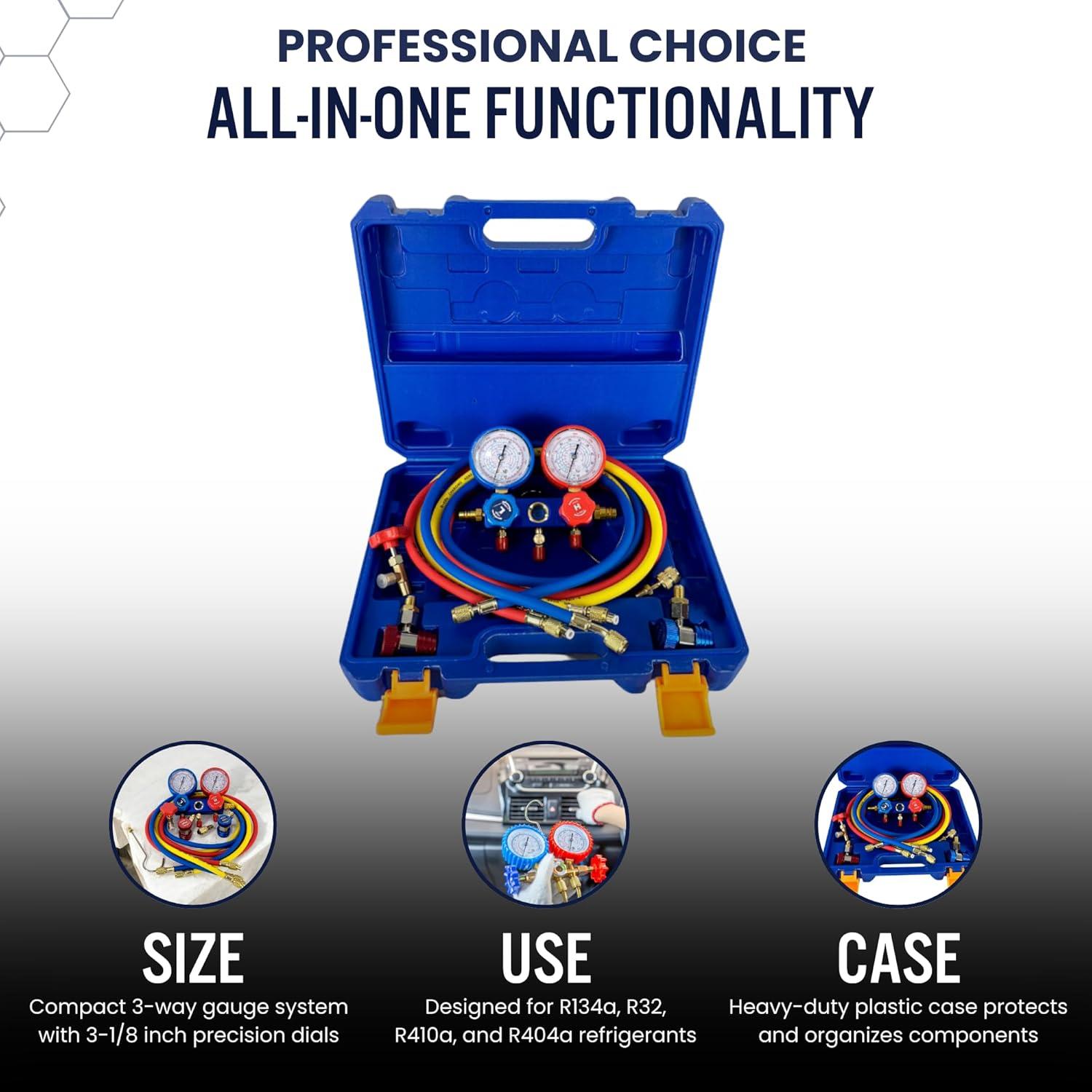 Juego de Manómetros de AC Hiatsu con Kit de Recarga R134a R32 R410a