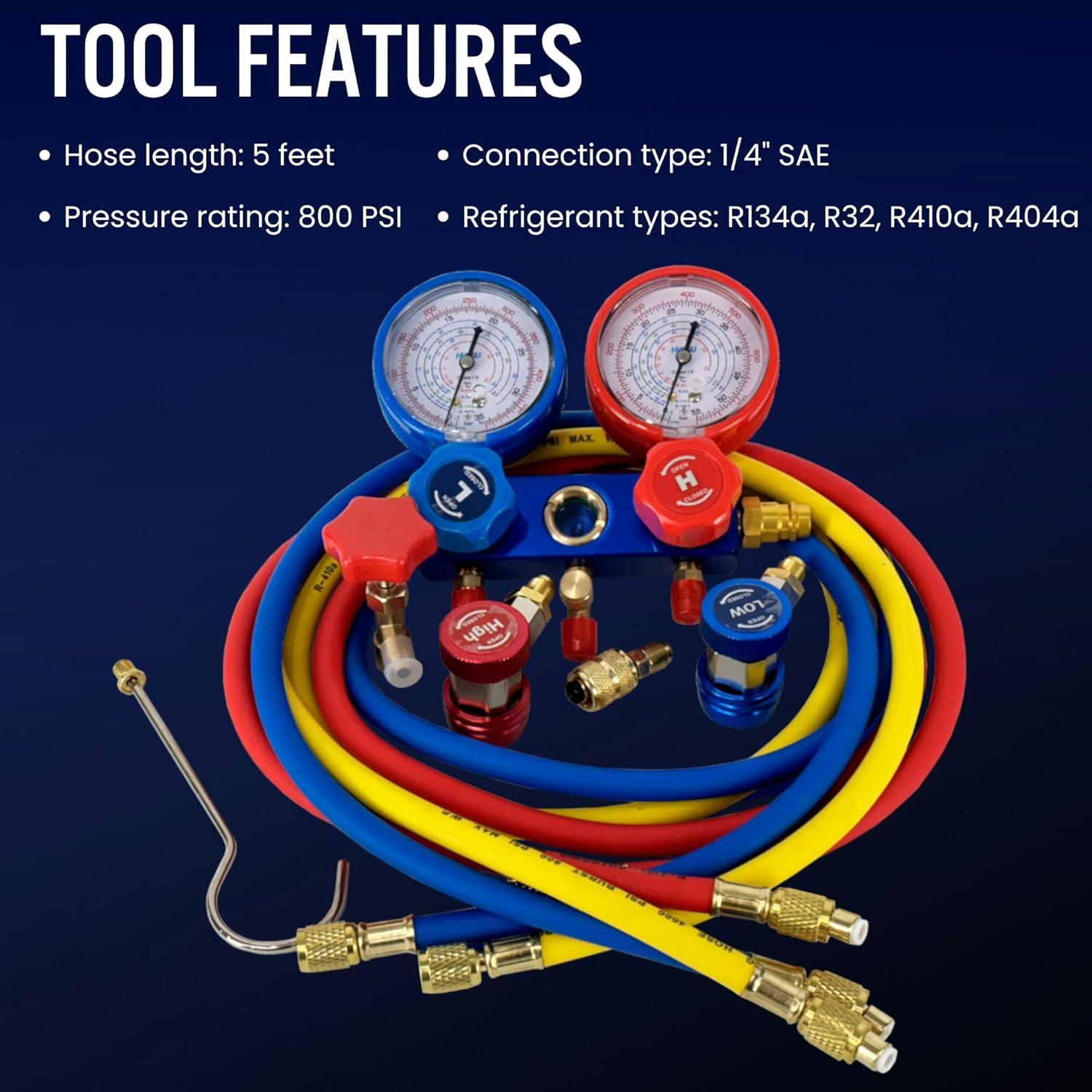 Juego de Manómetros de AC Hiatsu con Kit de Recarga R134a R32 R410a