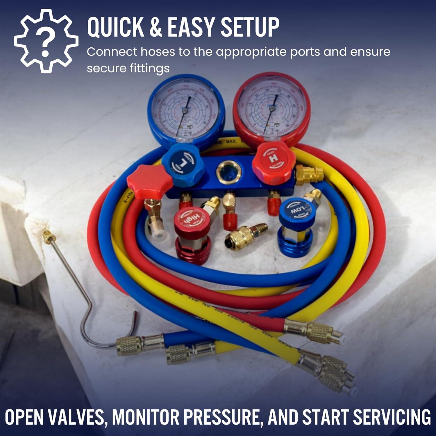 Juego de Manómetros de AC Hiatsu con Kit de Recarga R134a R32 R410a