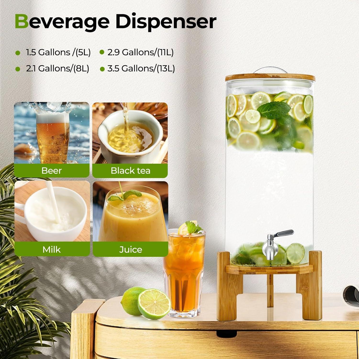 Dispensador de Bebidas de Vidrio BNVVT 5L con Grifo y Base de Madera