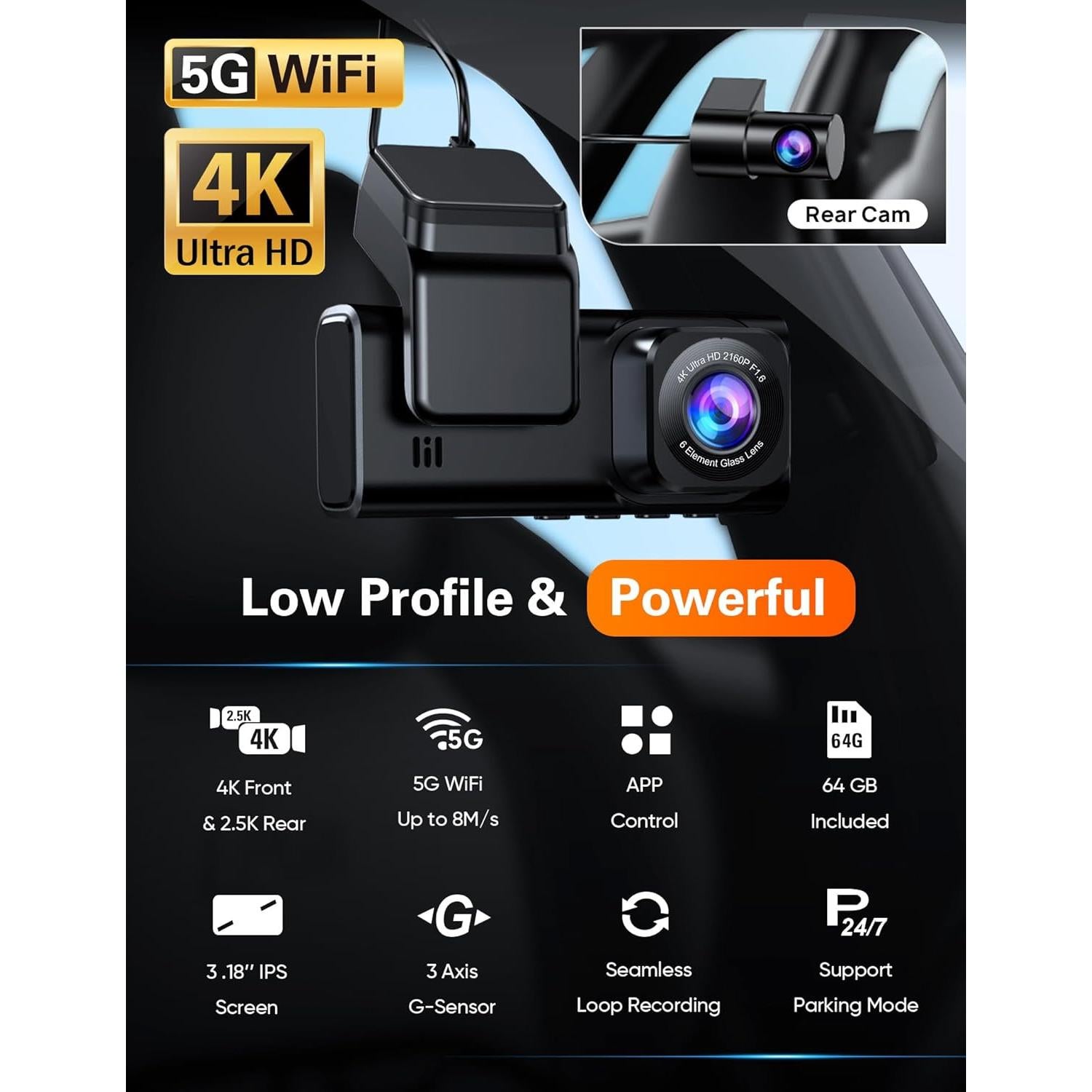 Cámara Dash 4K Navycrest A2Pro WiFi 5G Doble con 64GB