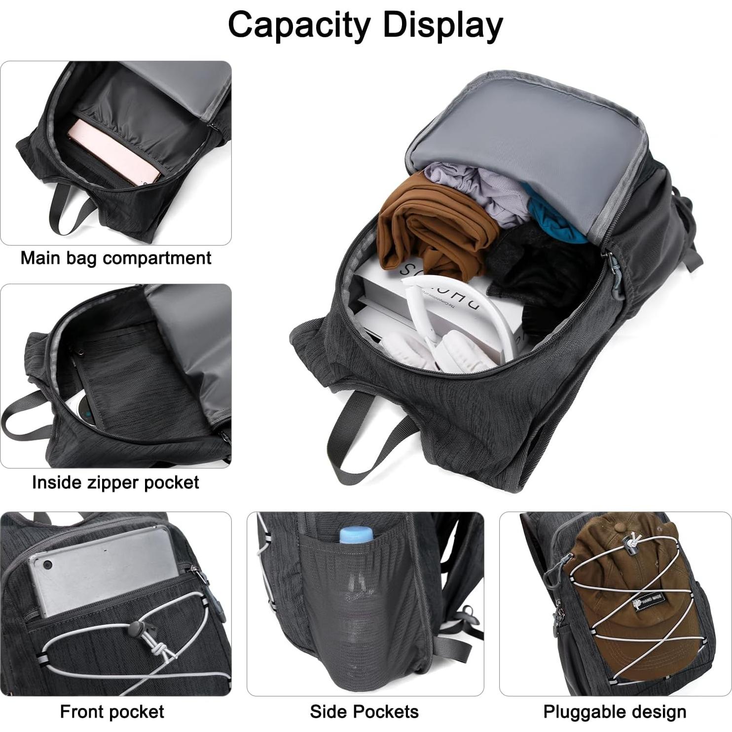 Mochila de Senderismo Plegable 20L Negra - Ligera y Duradera