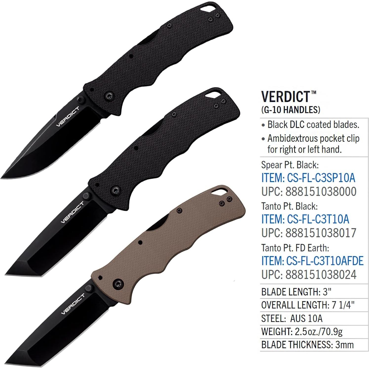 Cuchillo Plegable Cold Steel Verdict 3" AUS10A G-10 Negro