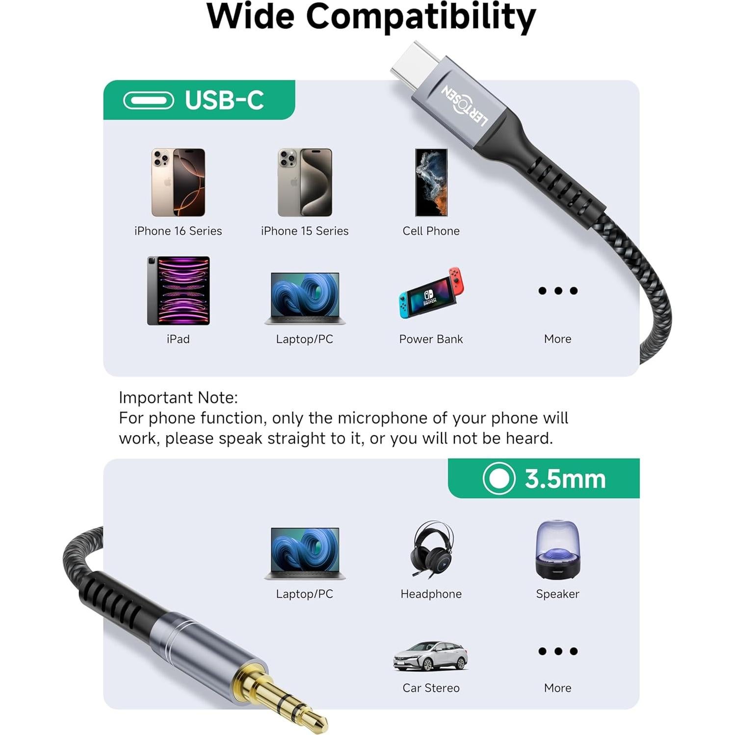 Cable de Audio USB C a 3.5mm LERTOSEN 1.22m Hi-Fi