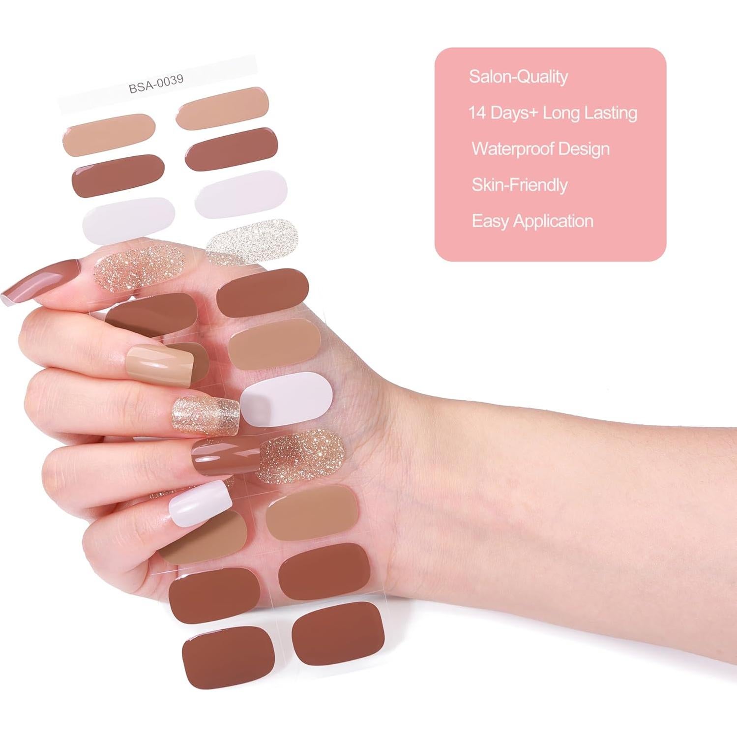 Tiras de Uñas de Gel Sin Luz Yekafue 22 Pcs Brillo Dorado