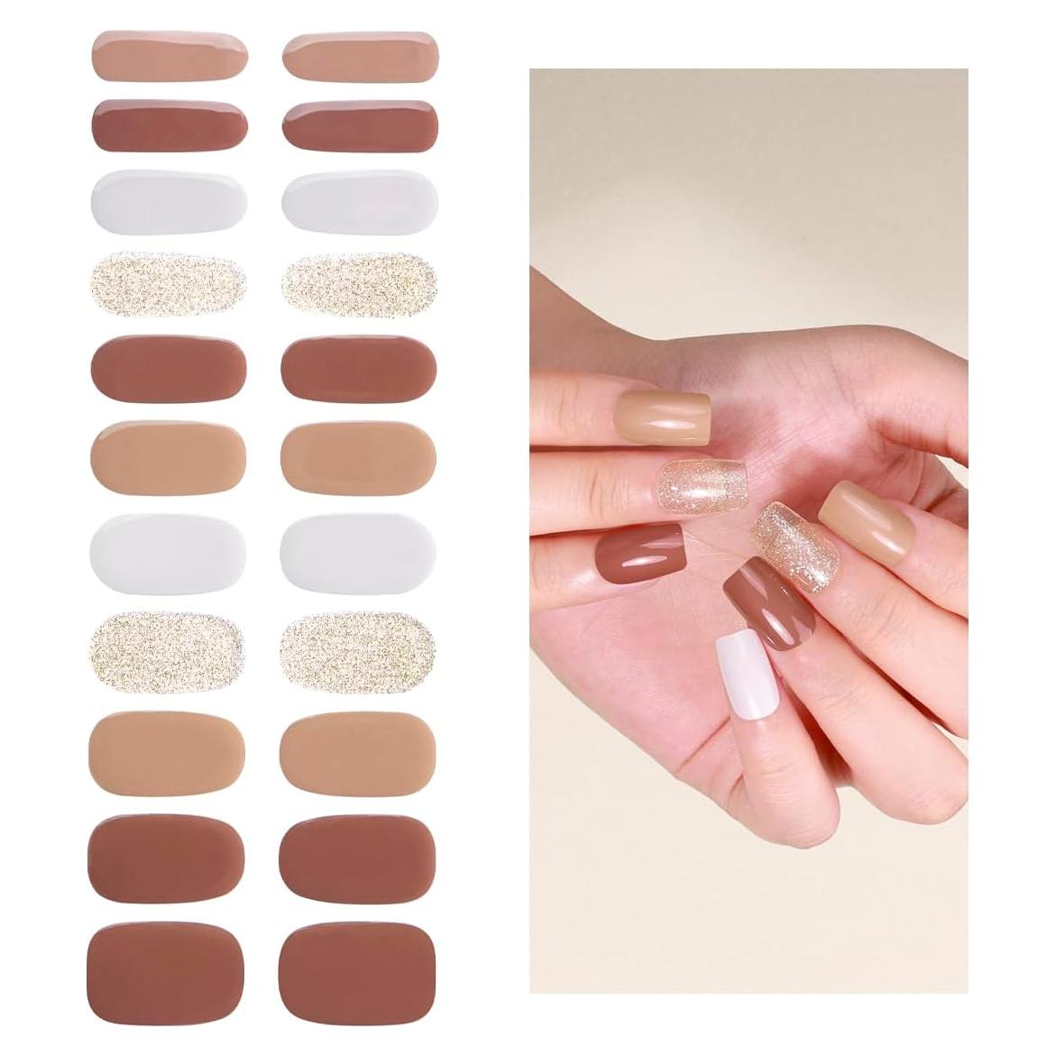 Tiras de Uñas de Gel Sin Luz Yekafue 22 Pcs Brillo Dorado